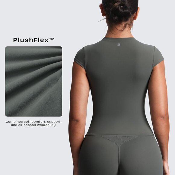Stylish Women's Crew Neck Olive Haze Ruched Crop Top - PlushFlex Gym Wear - Picture 3 of 5